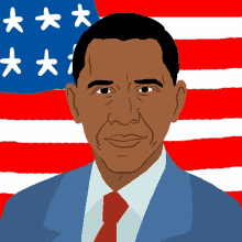 a drawing of barack obama with an american flag in the background