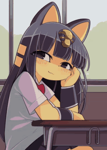 a cartoon drawing of a cat girl sitting at a desk with her head resting on her hand