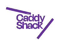 a logo for the caddy shack is purple and white