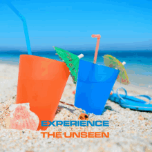 two cups with straws and umbrellas on a beach with the words experience the unseen below them