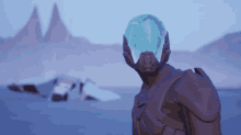 a man in a futuristic helmet is standing in front of a pyramid