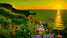 a picture of lord shiva sitting on a grassy hill near the ocean