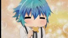 a little boy with blue hair is eating a piece of food with his eyes closed .