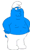 a blue smurf without a shirt is standing with his arms crossed