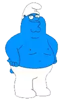 a blue smurf without a shirt is standing with his arms crossed