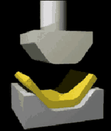 a computer generated image of a yellow object being pressed into a block