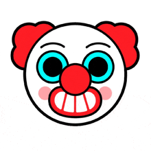 a cartoon drawing of a clown 's face with a red nose and blue eyes