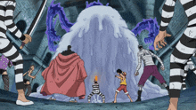 a group of cartoon characters are standing around a giant ice sculpture