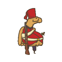 a cartoon drawing of a turtle in a red uniform holding a gun