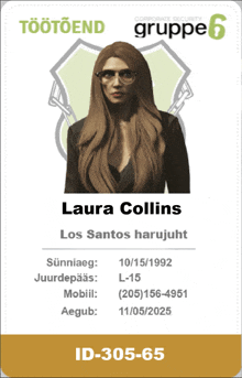 a corporate security card for laura collins from los santos harujht