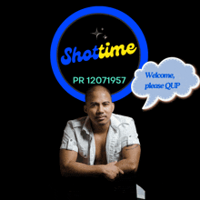 a man in a white shirt sits in front of a shottime logo