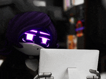 a cartoon character with purple eyes looks at a computer screen