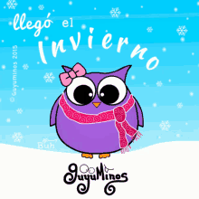 a purple owl wearing a pink scarf and a bow is on a poster that says llega el invierno