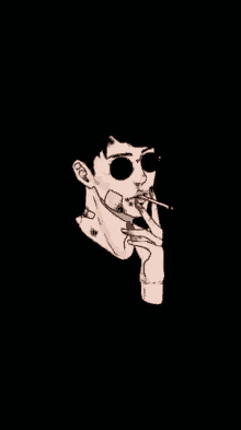 a man wearing sunglasses is smoking a cigarette in a black background .