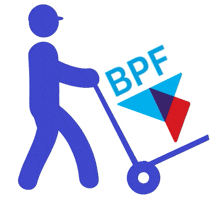 a blue silhouette of a man pushing a cart with the word bpf on it