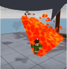 a boy in a green shirt is standing in front of a giant lava .