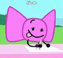 a pink cartoon character is writing on a piece of paper with a pen .