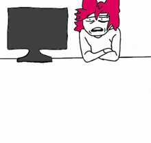 a cartoon of a person sitting at a desk with their arms crossed in front of a computer monitor .