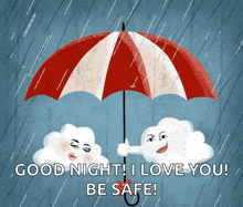 a picture of two clouds under an umbrella with the words good night i love you be safe