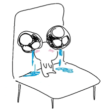 a black and white drawing of a person sitting on a chair with tears coming out of their eyes .