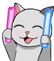 a cartoon cat is holding a pink and a blue light