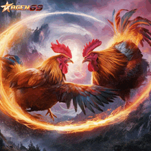 a painting of two roosters in a fire circle with the logo agen 69 on the bottom