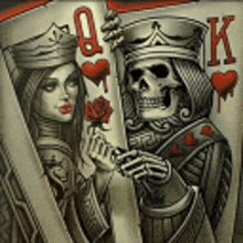 a king and queen playing card with a skeleton holding a rose