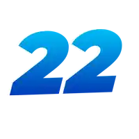 a blue number 22 is against a white background