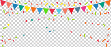 a row of colorful flags and confetti on a checkered background