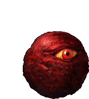 a red ball with an orange eye on it