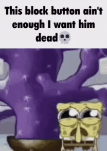 a cartoon of spongebob standing next to a purple tree with a skull