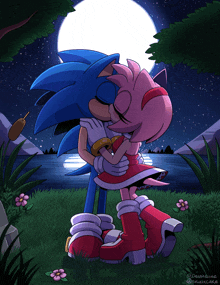 a drawing of sonic and amy kissing in front of a moon