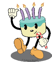 a cartoon drawing of a birthday cake holding a candy cane and candles