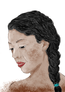 a painting of a woman with braided hair and freckles