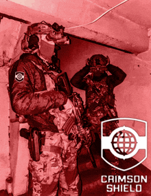 two soldiers are standing next to each other with a crimson shield logo in the background