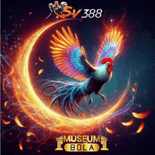 a colorful rooster is surrounded by flames and feathers with the words museum bola below it