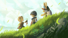 a cartoon of a boy holding a carrot and a rabbit on a hill