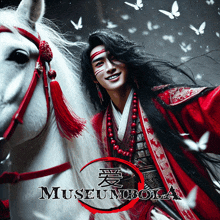 a man in a red costume is riding a white horse with the words museum bola on the bottom