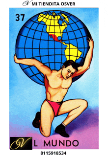 a drawing of a man holding a globe with the number 37