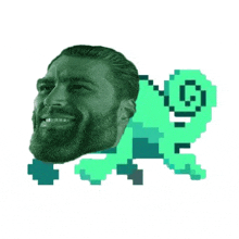 a man with a beard is smiling next to a green pixelated pokemon .