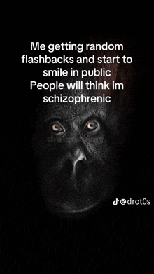 a picture of a gorilla with a quote about getting random flashbacks and start to smile in public people will think im schizophrenic