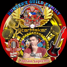 a logo for hunter 'z guild family starmaker with a picture of captain supremo