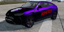 a black and purple car with the word no mercy on the side