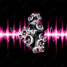 a bunch of speakers are stacked on top of each other on a black background with a pink sound wave behind them .