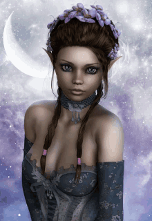 a woman with purple flowers in her hair and a crescent moon behind her