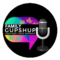 a logo for family gupshup shows a microphone and a colorful speech bubble