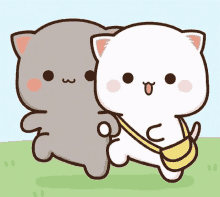 a couple of cartoon cats standing next to each other one is carrying a yellow bag