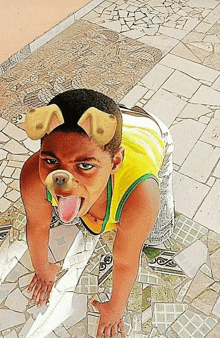 a young boy wearing a yellow and green tank top with a dog ear mask on his face