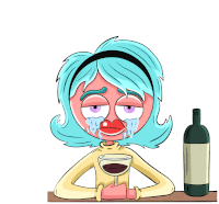 a cartoon of a woman crying while holding a glass of wine next to a bottle