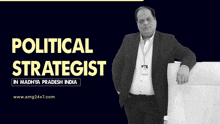 a man in a suit stands in front of a sign that says political strategist